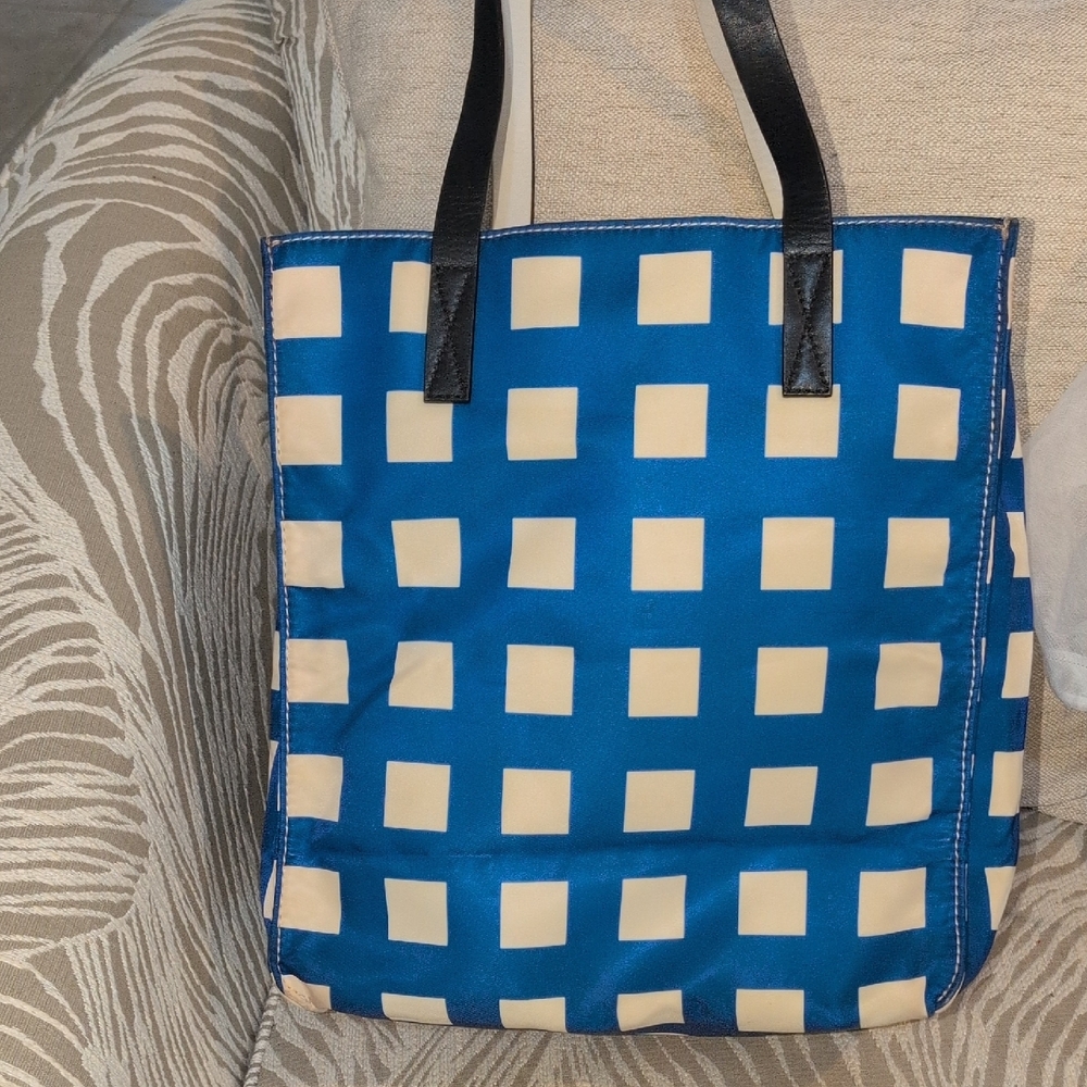 Kate Spade Blue and Cream Square Pattern Tote With Black Leather Handles - Picture 5 of 13
